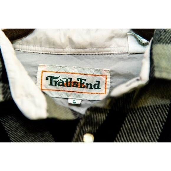 Trails End L Gray Black Plaid Flannel Men's Pearl Snap button down Shirt - Picture 2 of 6